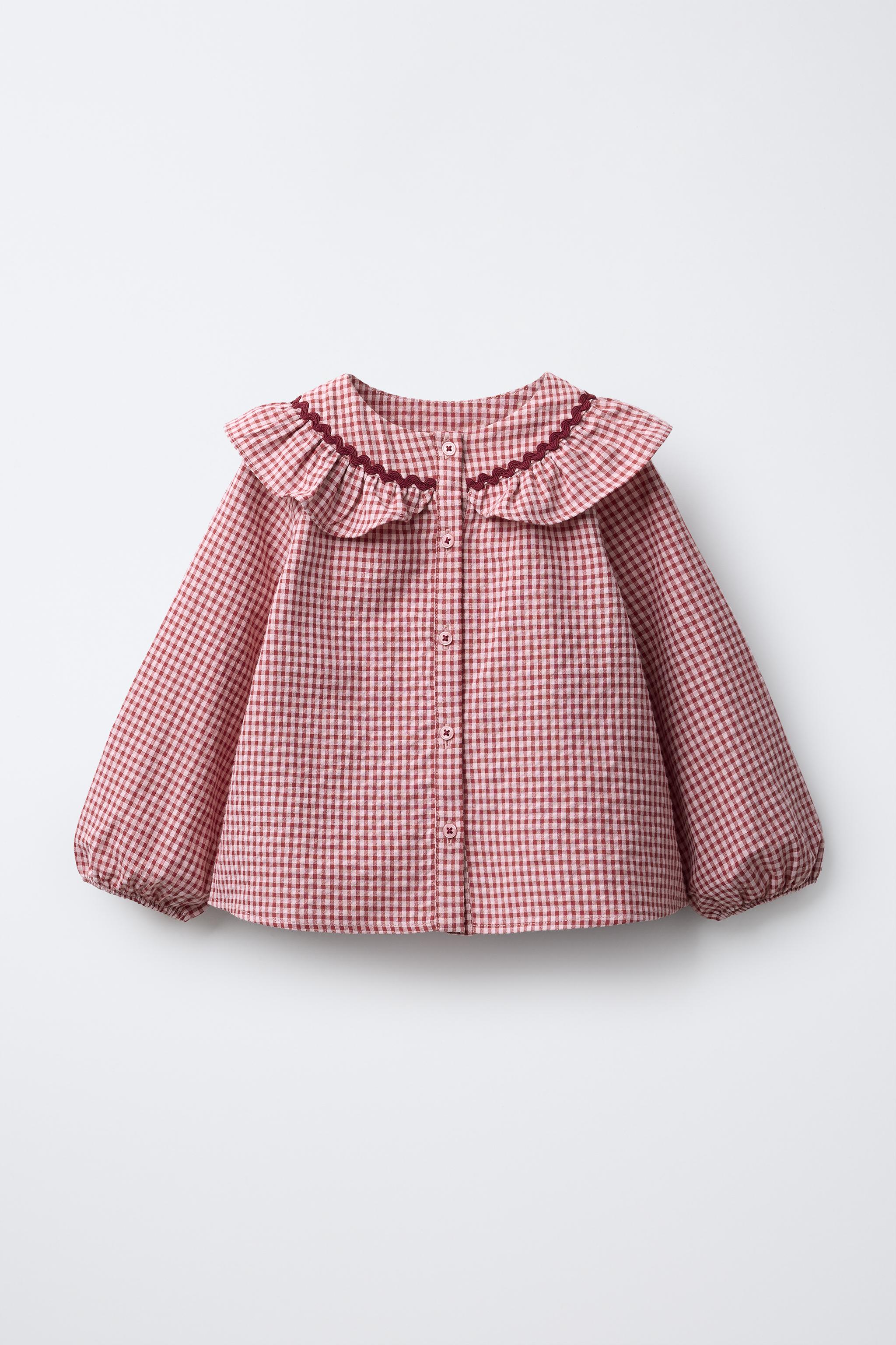 GINGHAM PETER PAN COLLAR SHIRT WITH SCALLOP TRIM